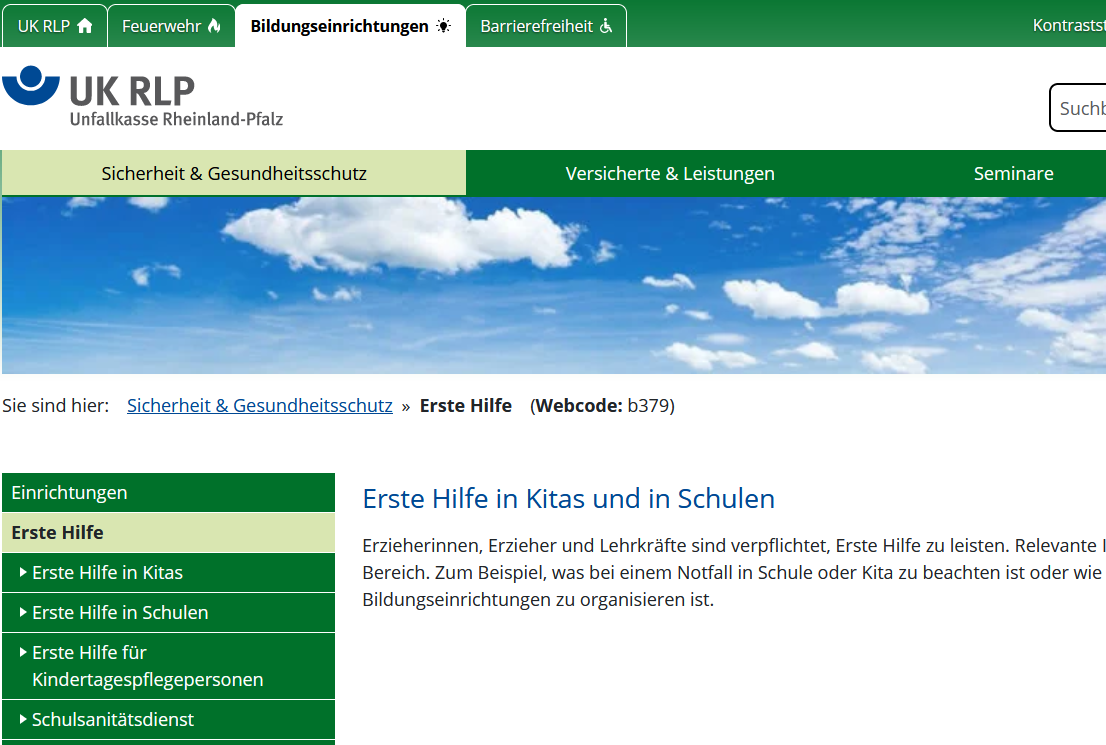 Screenshot der Unterseite "Erste Hilfe in Kitas und in Schulen"