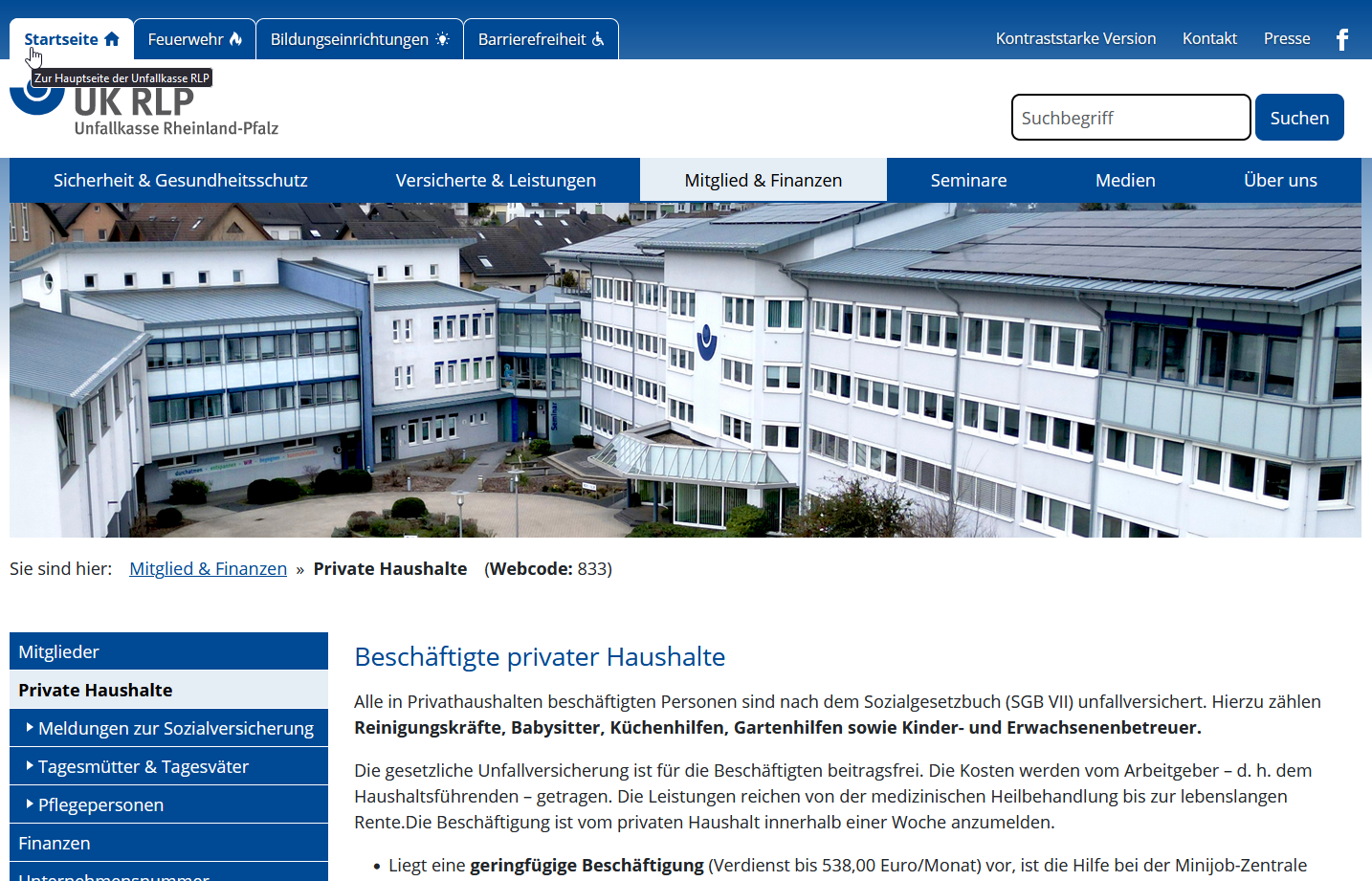 Screenshot der Webseite "Beschäftigte privater Haushalte"